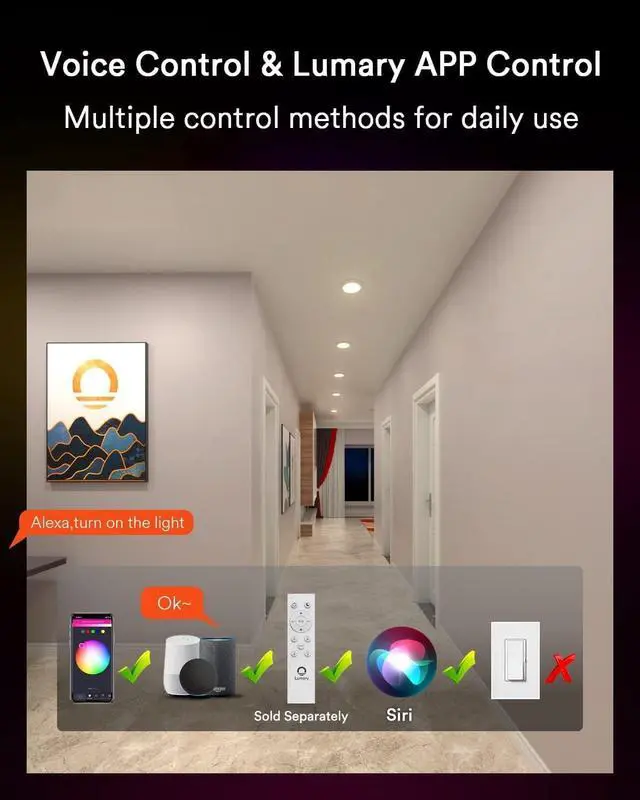 Alt view image 2 of 7 - 15W Smart LED Flush Mount Disk Lights 5/6 Inch, RGBWW WiFi Recessed Surface Mount Ceiling Lights, Color Changing 2700-6500K Dimmable Downlight, Compatible with Alexa/Google Assistant-ETL Listed