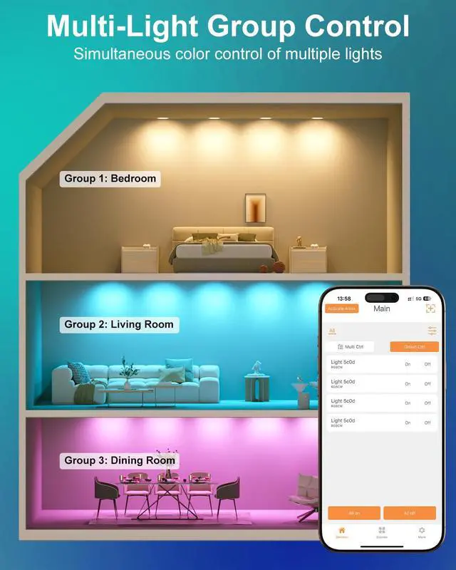 Alt view image 5 of 7 - LED Recessed Lighting 5/6 inch, Smart Bluetooth Can Lights, 13W 1050LM, RGB Color Changing Selectable, Retrofit Led Recessed Light Fixtures Compatible with Alexa for Bedroom Living Room Kitchen, 2Pack