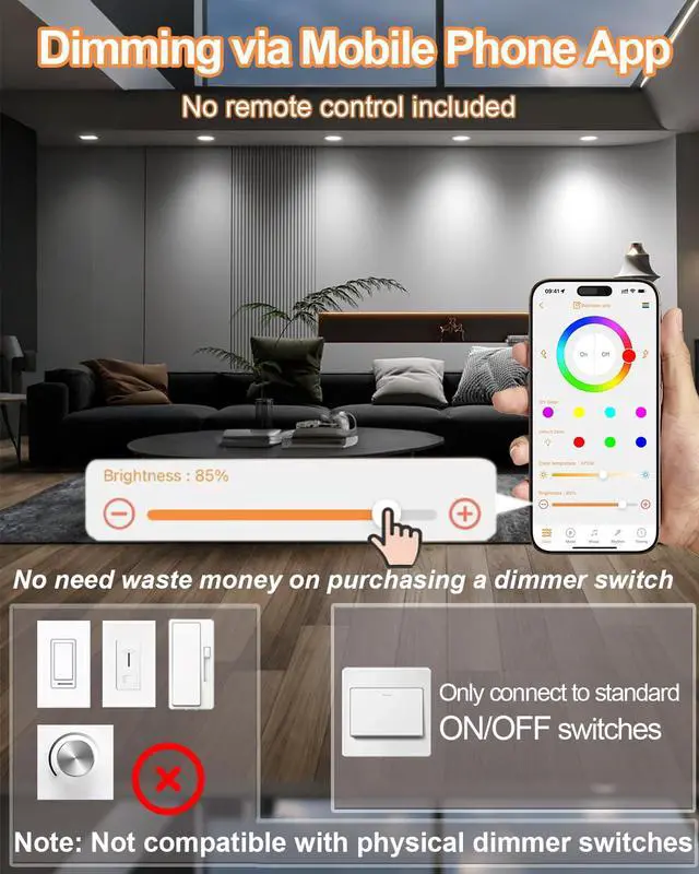 Alt view image 2 of 7 - LED Recessed Lighting 5/6 inch, Smart Bluetooth Can Lights, 13W 1050LM, RGB Color Changing Selectable, Retrofit Led Recessed Light Fixtures Compatible with Alexa for Bedroom Living Room Kitchen, 2Pack