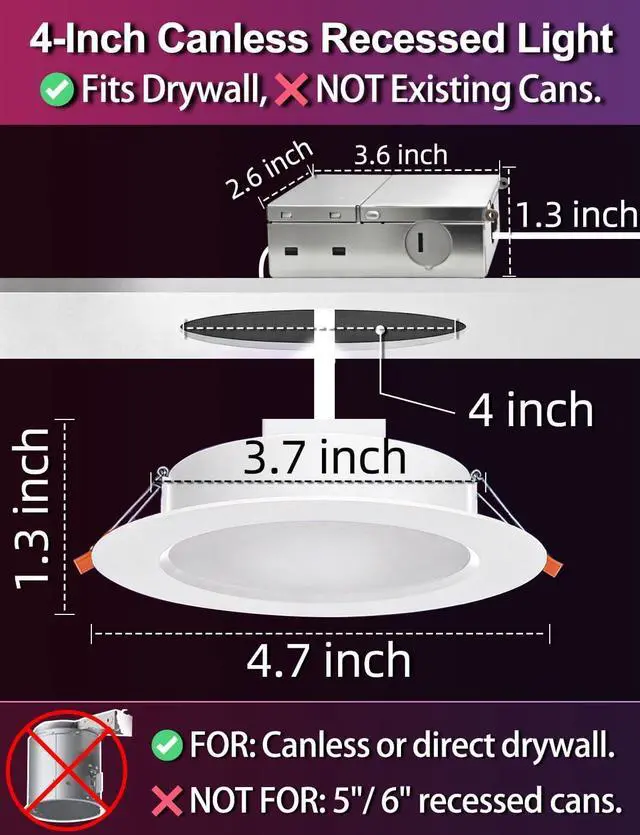 Alt view image 2 of 7 - 4 inch LED Recessed Lighting Color Changing, Work with Alexa (Alexa speaker Required), APP Controlled, RGB Canless Recessed Lights, 16 Million Colors, 2700K-6000K,10W,900LM, Bluetooth Mesh,6 Packs