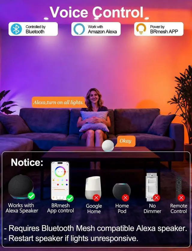 Alt view image 4 of 7 - 4 inch LED Recessed Lighting Color Changing, Work with Alexa (Alexa speaker Required), APP Controlled, RGB Canless Recessed Lights, 16 Million Colors, 2700K-6000K,10W,900LM, Bluetooth Mesh,6 Packs