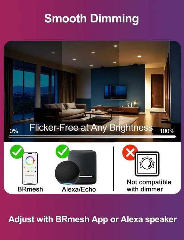 Alt view image 6 of 7 - 4 inch LED Recessed Lighting Color Changing, Work with Alexa (Alexa speaker Required), APP Controlled, RGB Canless Recessed Lights, 16 Million Colors, 2700K-6000K,10W,900LM, Bluetooth Mesh,6 Packs