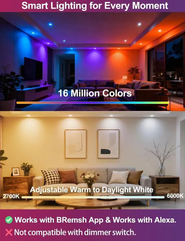 Alt view image 7 of 7 - 4 inch LED Recessed Lighting Color Changing, Work with Alexa (Alexa speaker Required), APP Controlled, RGB Canless Recessed Lights, 16 Million Colors, 2700K-6000K,10W,900LM, Bluetooth Mesh,6 Packs