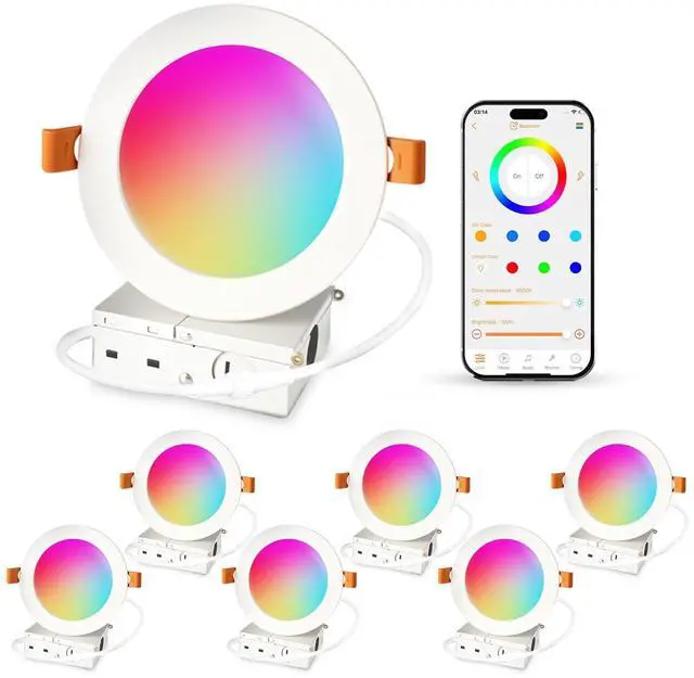 Main image of 4 inch LED Recessed Lighting Color Changing, Work with Alexa (Alexa speaker Required), APP Controlled, RGB Canless Recessed Lights, 16 Million Colors, 2700K-6000K,10W,900LM, Bluetooth Mesh,6 Packs