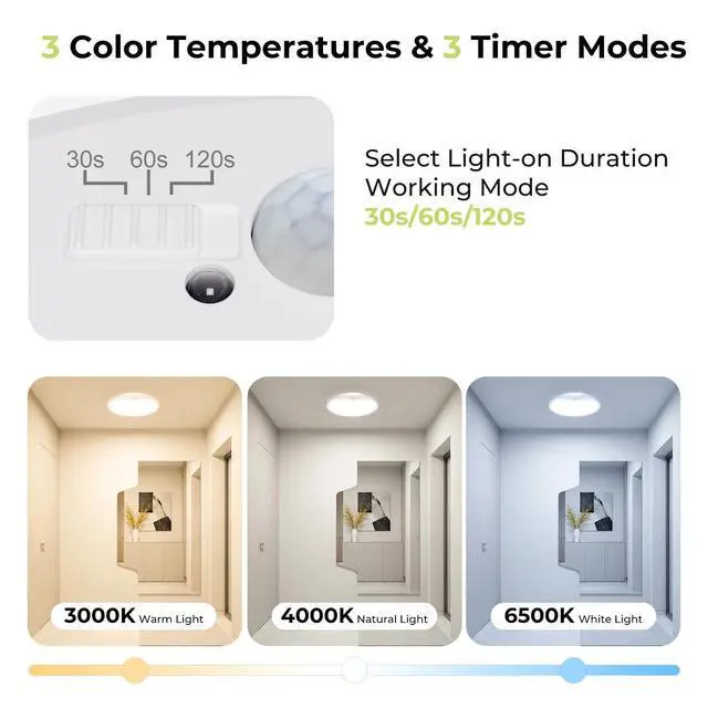 Alt view image 2 of 7 - 2 Pack Motion Sensor Ceiling Light Wired, 3000K/4000K/6500K LED Flush Mount Ceiling Light Fixture, 8.7Inch 18W Motion Sensor Light with Timer for Closet Stair Porch Hallway Pantry,White