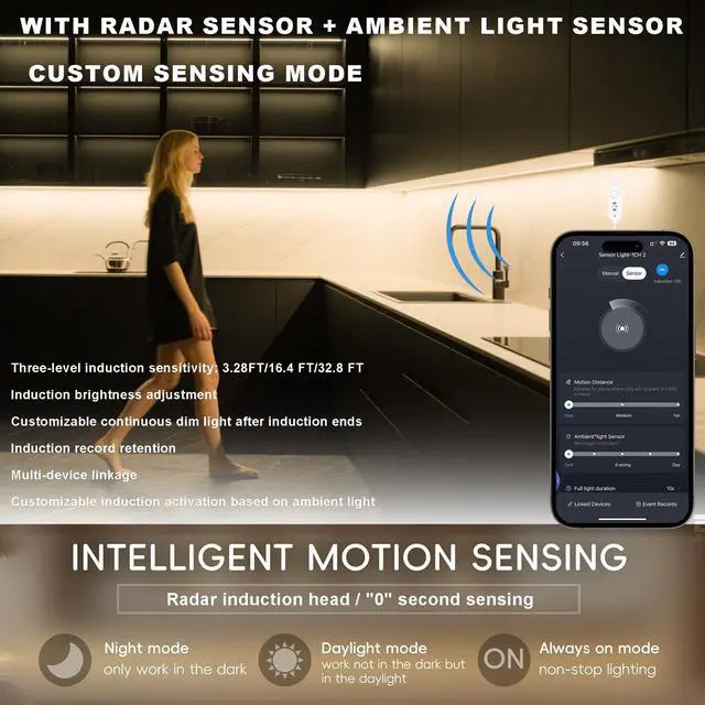 Alt view image 4 of 7 - 42inch WiFi Night Light Radar Motion Sensor Silicone LED Under Cabinet Lights RGB CCT White 2700K-6500K, Waterproof, APP Control, Dimmable Timing, for Google Home Alexa, for Kitchen, Under Counter
