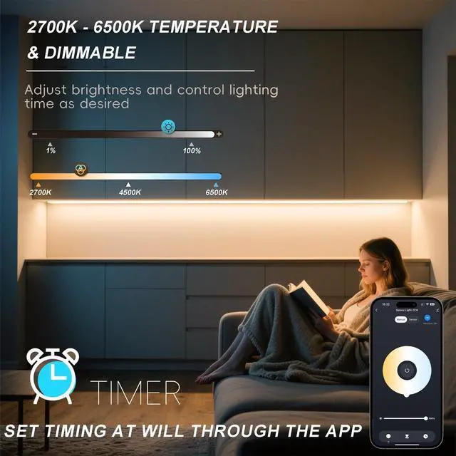 Alt view image 3 of 7 - 42inch WiFi Night Light Radar Motion Sensor Silicone LED Under Cabinet Lights RGB CCT White 2700K-6500K, Waterproof, APP Control, Dimmable Timing, for Google Home Alexa, for Kitchen, Under Counter