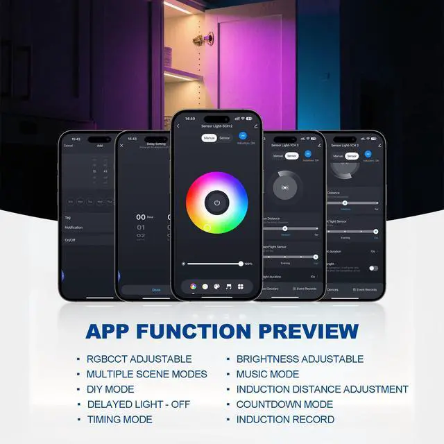 Alt view image 5 of 7 - 42inch WiFi Night Light Radar Motion Sensor Silicone LED Under Cabinet Lights RGB CCT White 2700K-6500K, Waterproof, APP Control, Dimmable Timing, for Google Home Alexa, for Kitchen, Under Counter