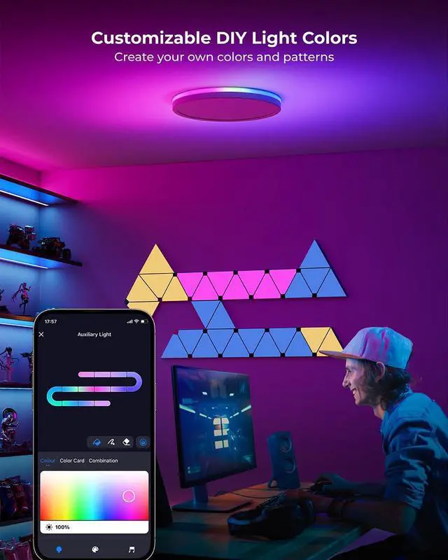 Alt view image 2 of 7 - Smart LED Ceiling Light WiFi, 12IN RGB Flush Mount Light Fixture, DIY Colors, Compatible with Alexa Google Home, 3000K-6500K Ceiling Lights for Bedroom, Living Room, White