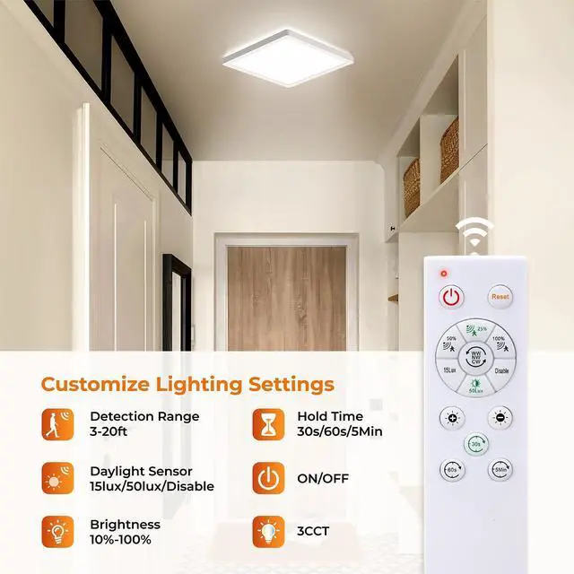 Alt view image 2 of 6 - Dimmable Motion Sensor LED Ceiling Light with Remote Control, 12 Inch 24W 2400LM Radar Motion Activated Flush Mount Wired Light Fixture for Closet Hallway Laundry Porch Stair, 3000K 4000K 5000K