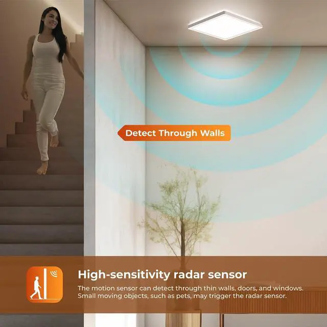 Alt view image 5 of 6 - Dimmable Motion Sensor LED Ceiling Light with Remote Control, 12 Inch 24W 2400LM Radar Motion Activated Flush Mount Wired Light Fixture for Closet Hallway Laundry Porch Stair, 3000K 4000K 5000K