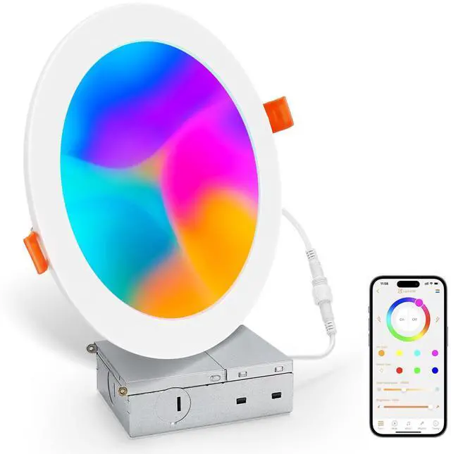 Main image of Smart Recessed Lighting 6 Inch, Color Changing Canless Ceiling Lights with Junction Box, 1500 Lumen Wafer Downlight RGB Dimmable with APP, Alexa, Siri, Google Assistant, 1 Pack