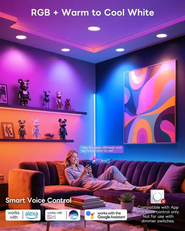 Alt view image 2 of 7 - Smart Recessed Lighting 6 Inch, Color Changing Canless Ceiling Lights with Junction Box, 1500 Lumen Wafer Downlight RGB Dimmable with APP, Alexa, Siri, Google Assistant, 1 Pack