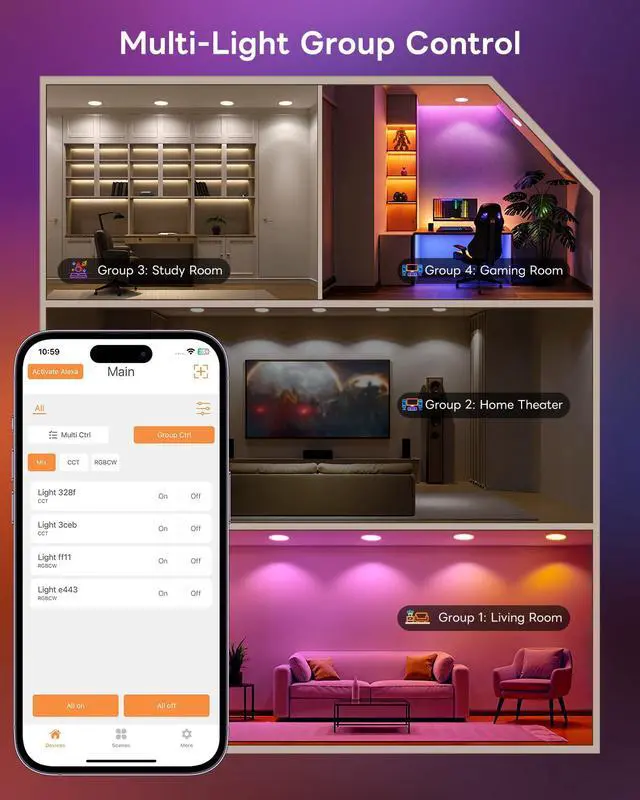 Alt view image 7 of 7 - Smart Recessed Lighting 6 Inch, Color Changing Canless Ceiling Lights with Junction Box, 1500 Lumen Wafer Downlight RGB Dimmable with APP, Alexa, Siri, Google Assistant, 1 Pack