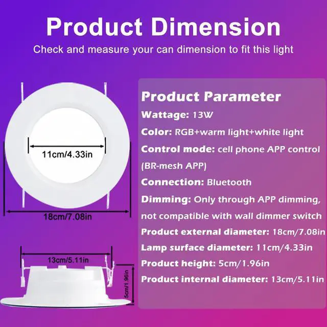 Alt view image 7 of 7 - Smart Recessed Lighting, 5/6 inch, Compatible with Alexa, Smart LED Downlight, 13W 1050LM Led Lights, Smart Can Lights Multicolor APP Dimmable, 4-Pack