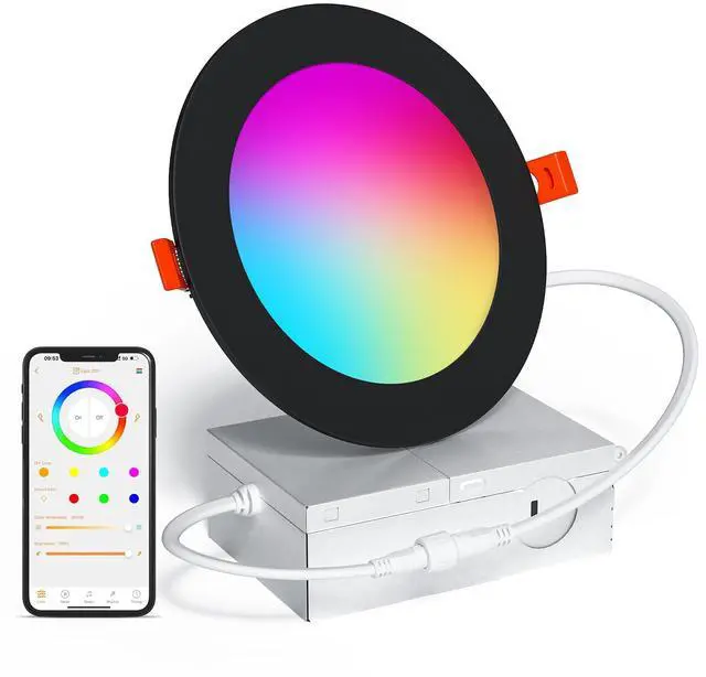 Main image of Black Smart Recessed Lighting 4 Inch RGBCW Color Changing 12W LED Downlight with Junction Box,1080 Lumen Recessed Ceiling Light Compatible with Alexa,Dimmable by Bluetooth Control -1Pack
