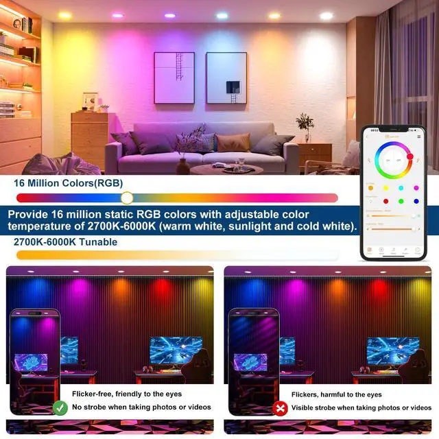 Alt view image 4 of 7 - Black Smart Recessed Lighting 4 Inch RGBCW Color Changing 12W LED Downlight with Junction Box,1080 Lumen Recessed Ceiling Light Compatible with Alexa,Dimmable by Bluetooth Control -1Pack