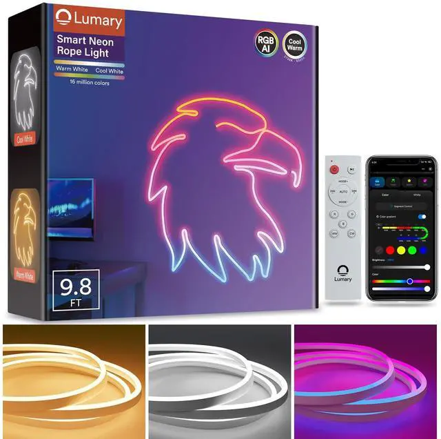 Main image of Smart RGBAICW Neon Rope Light Indoor, 9.8ft LED Lights for Bedroom Works with Alexa/Google Assistant, 180LEDs/m RGB & Warm White & Cool White Strip, Wall Decor for Halloween, Softer Material
