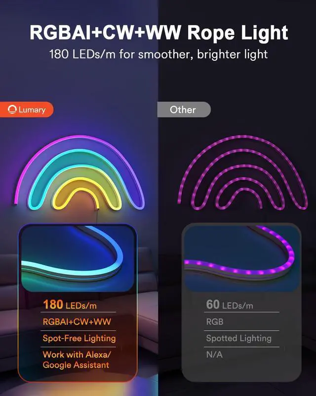 Alt view image 2 of 7 - Smart RGBAICW Neon Rope Light Indoor, 9.8ft LED Lights for Bedroom Works with Alexa/Google Assistant, 180LEDs/m RGB & Warm White & Cool White Strip, Wall Decor for Halloween, Softer Material