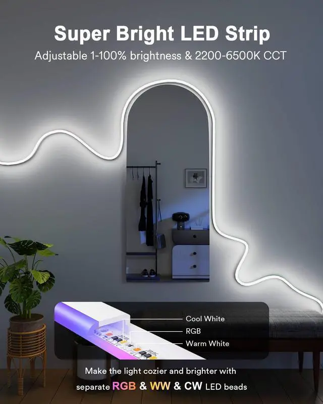 Alt view image 4 of 7 - Smart RGBAICW Neon Rope Light Indoor, 9.8ft LED Lights for Bedroom Works with Alexa/Google Assistant, 180LEDs/m RGB & Warm White & Cool White Strip, Wall Decor for Halloween, Softer Material