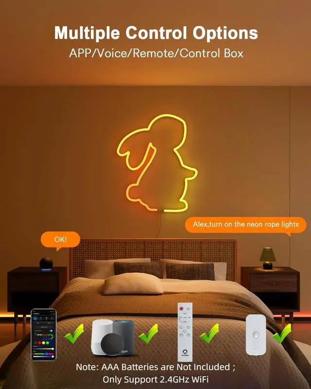 Alt view image 3 of 7 - Smart RGBAICW Neon Rope Light Indoor, 9.8ft LED Lights for Bedroom Works with Alexa/Google Assistant, 180LEDs/m RGB & Warm White & Cool White Strip, Wall Decor for Halloween, Softer Material