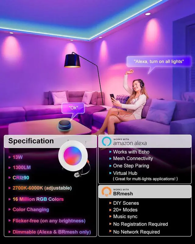 Alt view image 2 of 7 - Smart Recessed Lighting 6 Inch, RGBCW Color Changing LED Can Lights Bluetooth, Flicker Free, 13W 1300LM, Retrofit Downlight App Dimmable, Compatible with Alexa, ETL, 1 Pack