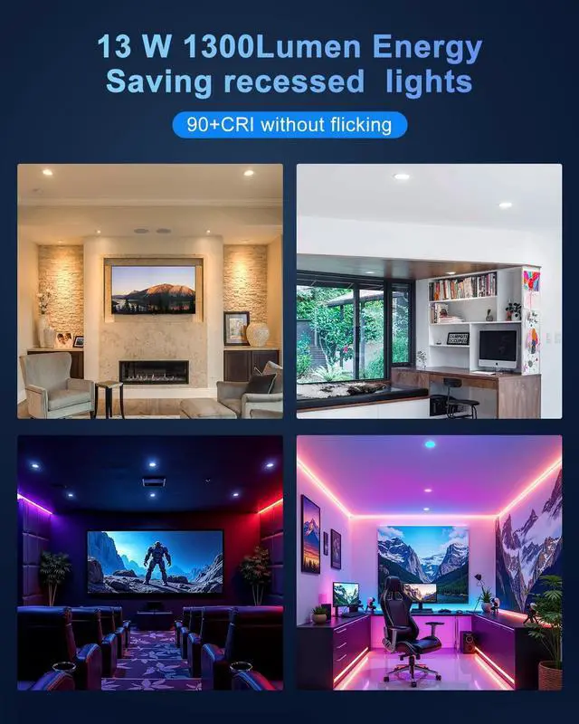 Alt view image 4 of 7 - Smart Recessed Lighting 6 Inch, RGBCW Color Changing LED Can Lights Bluetooth, Flicker Free, 13W 1300LM, Retrofit Downlight App Dimmable, Compatible with Alexa, ETL, 1 Pack