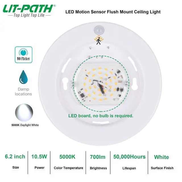 Alt view image 3 of 6 - LED Flush Mount Ceiling Light, Closet Lighting Fixture with Motion Sensor, 10.5W, 700 Lumen, 6.2 Inch, Anti-Rust Galvanized Housing, White Finish 5000K 1-Pack