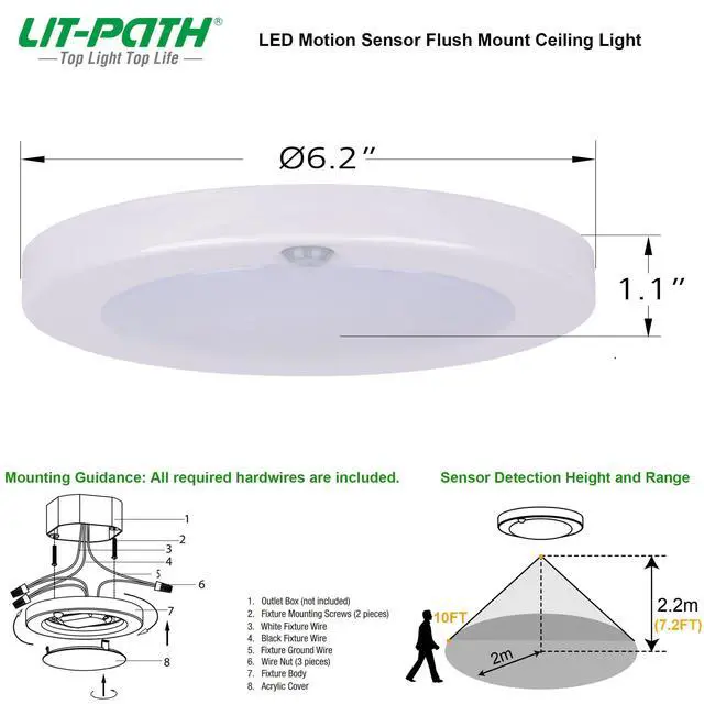 Alt view image 4 of 6 - LED Flush Mount Ceiling Light, Closet Lighting Fixture with Motion Sensor, 10.5W, 700 Lumen, 6.2 Inch, Anti-Rust Galvanized Housing, White Finish 5000K 1-Pack