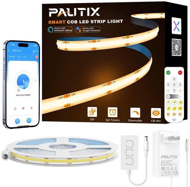 Main image of Smart COB LED Strip Light 32.8ft/10m,Warm White 2700K LED Strip,Compatible with Alexa/Google Assistant,Dimmable 24V LED COB Light Strip Kit for Kitchen,Bedroom,Cabinet,Living Room,Office