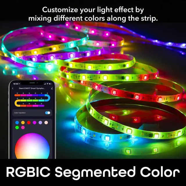 Alt view image 5 of 7 - Prisma Symphony Smart LED Strip Lights, RGBIC Neon Color Changing WiFi Lights with App Remote Control and Music Sync, Compatible with Alexa and Google Home, 16.4 ft