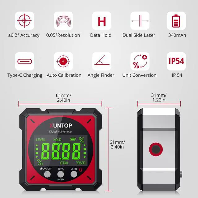 Alt view image 2 of 7 - USB Charging Digital Angle Finder Level Box with Laser (Class 2, <1mW Output), 4-side Strong Magnetic Angle Gauge IP54 Waterproof Inclinometer Level for Hanging Decorations Woodworking