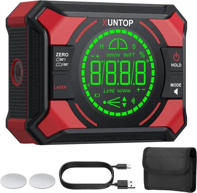 Main image of 4x90/2x180°(0.01°) Digital Angle Finder with Dual Laser Digital Angle Gauge with Bottom and Back Magnetic Rechargeable Inclinometer with Digital Level Bubble (Class 2 Laser, <1mW Power Output)