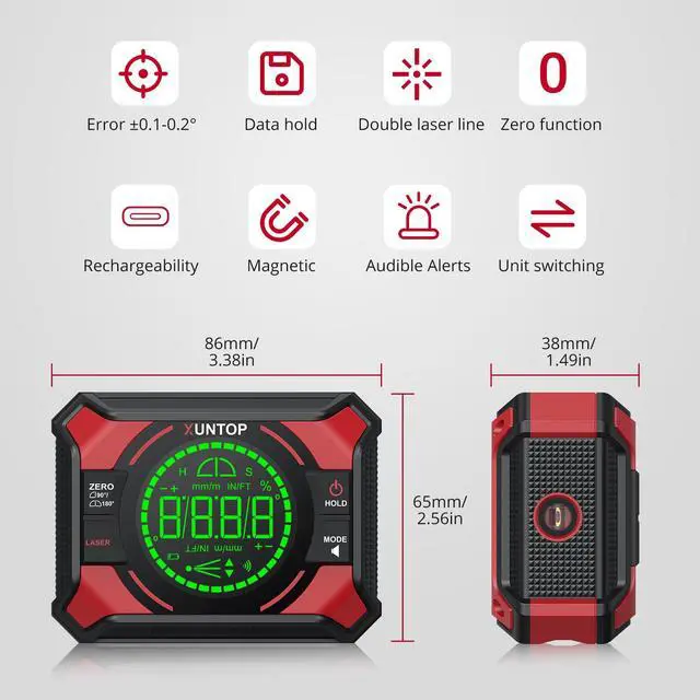 Alt view image 2 of 7 - 4x90/2x180°(0.01°) Digital Angle Finder with Dual Laser Digital Angle Gauge with Bottom and Back Magnetic Rechargeable Inclinometer with Digital Level Bubble (Class 2 Laser, <1mW Power Output)