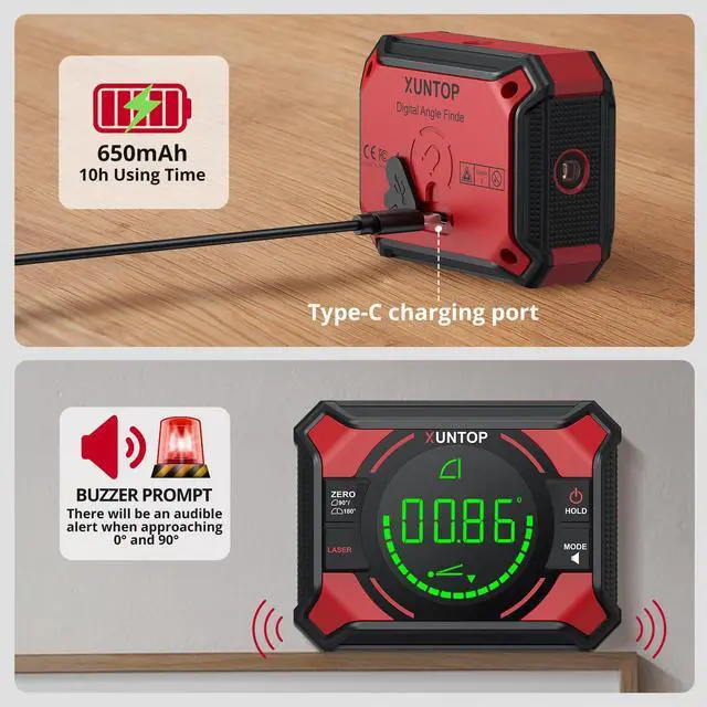 Alt view image 6 of 7 - 4x90/2x180°(0.01°) Digital Angle Finder with Dual Laser Digital Angle Gauge with Bottom and Back Magnetic Rechargeable Inclinometer with Digital Level Bubble (Class 2 Laser, <1mW Power Output)