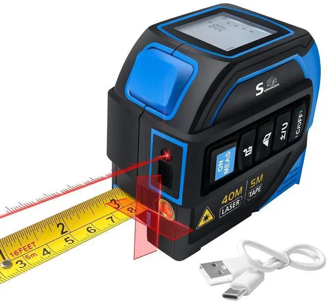 Main image of 4-in-1 Laser Tape Measure with Laser Level Crosshairs |130ft/40m Laser Distance+16ft/5m AutoLock Tape |Backlit LCD Display (Ft/Inch/M/mm) |for DIY,Construction, Interior Design (Blue/131Ft)