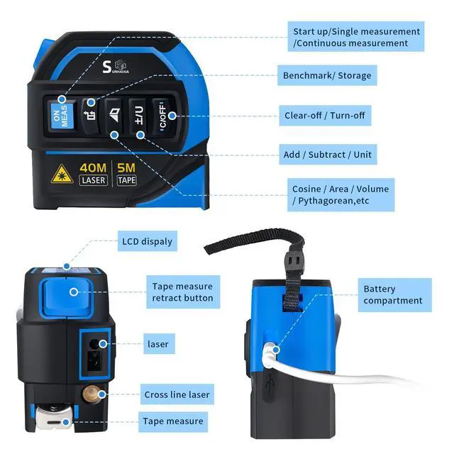 Alt view image 2 of 7 - 4-in-1 Laser Tape Measure with Laser Level Crosshairs |130ft/40m Laser Distance+16ft/5m AutoLock Tape |Backlit LCD Display (Ft/Inch/M/mm) |for DIY,Construction, Interior Design (Blue/131Ft)