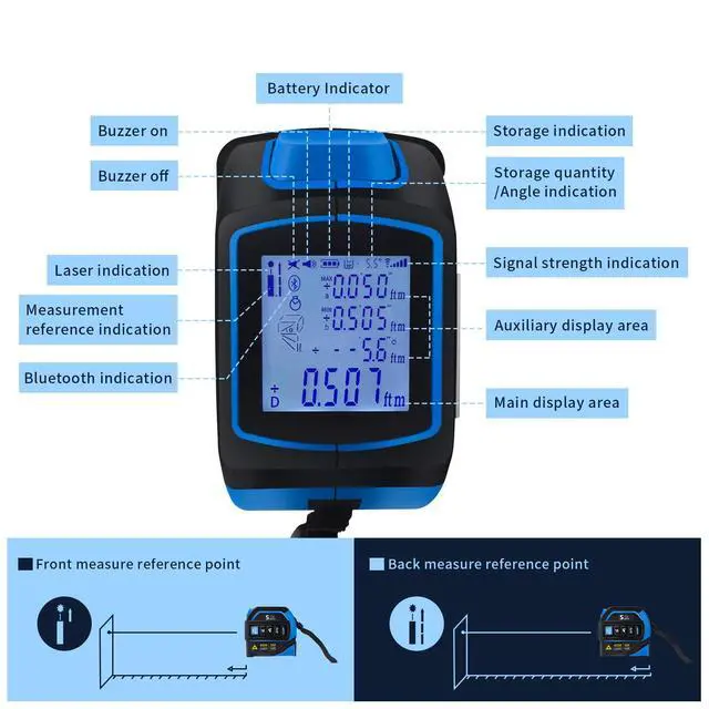 Alt view image 3 of 7 - 4-in-1 Laser Tape Measure with Laser Level Crosshairs |130ft/40m Laser Distance+16ft/5m AutoLock Tape |Backlit LCD Display (Ft/Inch/M/mm) |for DIY,Construction, Interior Design (Blue/131Ft)