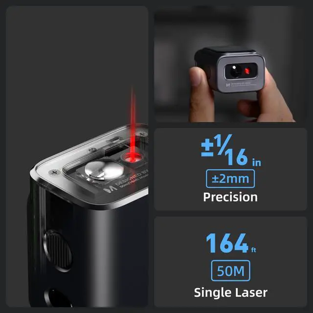 Alt view image 3 of 6 - M-Cube Laser Measuring Tool,164ft/50m,±1/16 inch Accuracy,Rechargeable Modular Laser Measurement Tool for Area,Volume,Pythagorean,Big Number LCD Display | Bluetooth App,Small Laser Tape Measure