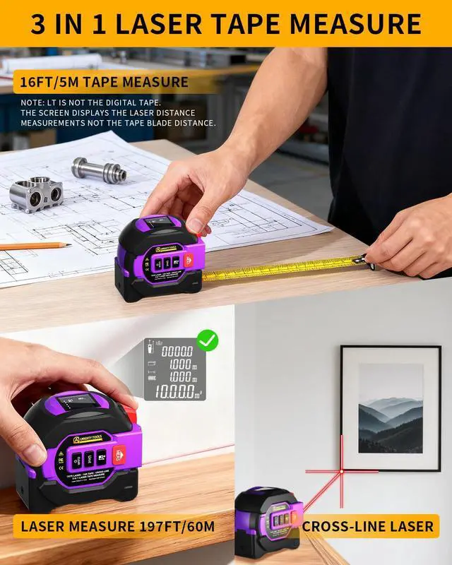 Alt view image 2 of 7 - 3 in 1 Digital Laser Tape Measure, 197ft/60m Laser Distance Meter, 16ft/5m Digital Tape Measure with Cross Line, AutoLock, ft/in/m Unit Switch, Measure Area, Volume, Pythagorean