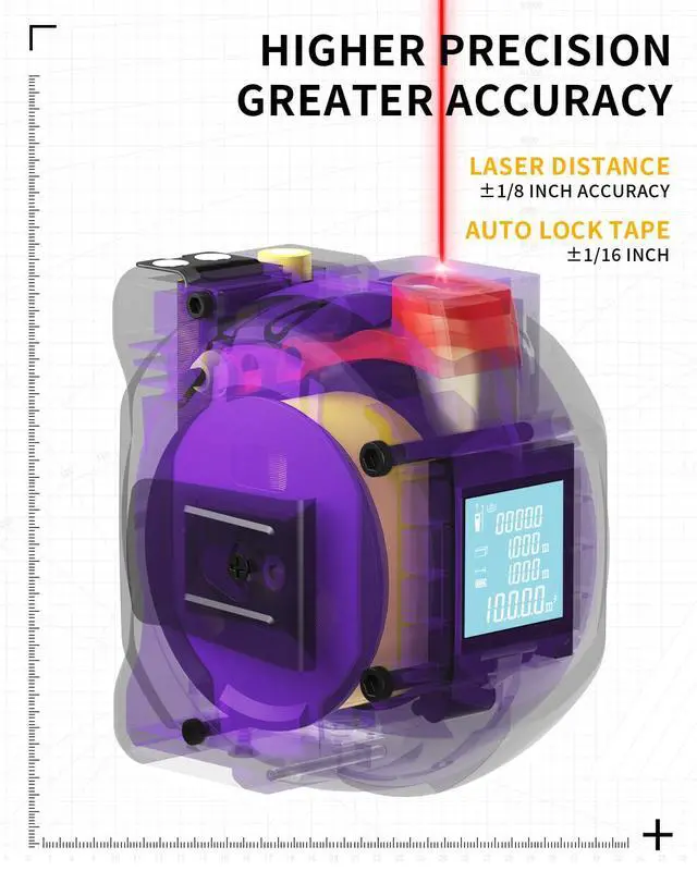 Alt view image 7 of 7 - 3 in 1 Digital Laser Tape Measure, 197ft/60m Laser Distance Meter, 16ft/5m Digital Tape Measure with Cross Line, AutoLock, ft/in/m Unit Switch, Measure Area, Volume, Pythagorean