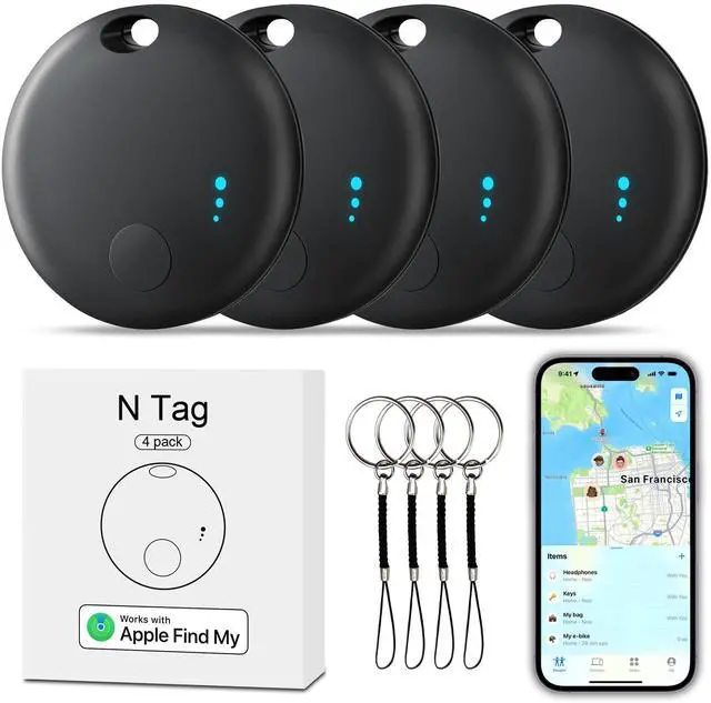 Main image of Tracker Tag 4 Packs Bluetooth Tracker, Smart Tag Locator Tracking Device, Keys Finder and Item Locator,Air Tracker Item Finders with Find My(iOS Only) Track Your Keys (Black, 4 Pack)