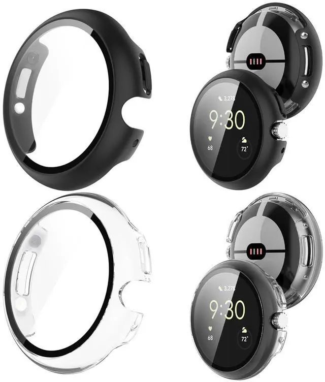 Main image of 2Pack Watch Cases Compatible with 41mm Google Pixel Watch 4, Charge with Case On, HD Tempered Glass Screen Protector, Touch-Sensitive, Shockproof, Black + Clear