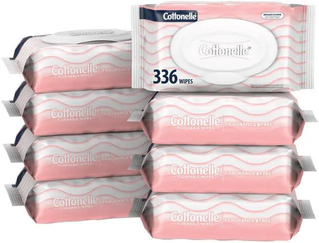 Main image of Fragrance Free Flushable Wet Wipes, Adult Wet Wipes, 8 Flip-Top Packs, 42 Wipes Per Pack
