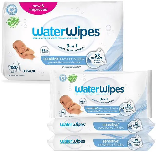 Main image of Sensitive+ Newborn & Baby Wipes, 3-In-1 Cleans, Cares, Protects, 99.9% Water, Unscented & Hypoallergenic, 180 Count (3 Packs)