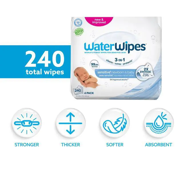 Alt view image 2 of 7 - Sensitive+ Newborn & Baby Wipes, 3-In-1 Cleans, Cares, Protects, 99.9% Water, Unscented & Hypoallergenic, 240 Count (4 Packs)