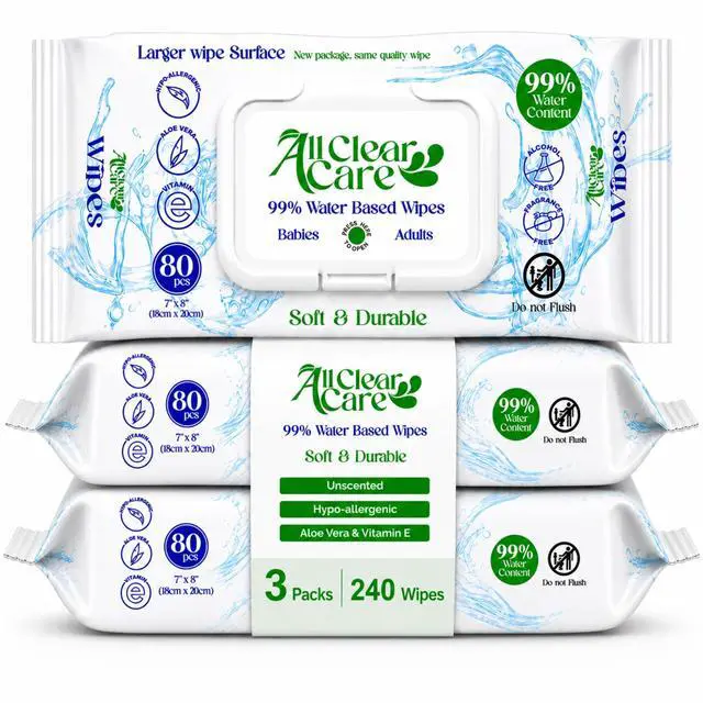 Main image of Baby Wipes, Unscented for Sensitive Skin, Large Soft Durable & 99% Water Based, Gentle & Hypoallergenic for Babies & Adults, Vitamin E and Aloe, Flip Top Lid, 3 Pack (240 Wipes)
