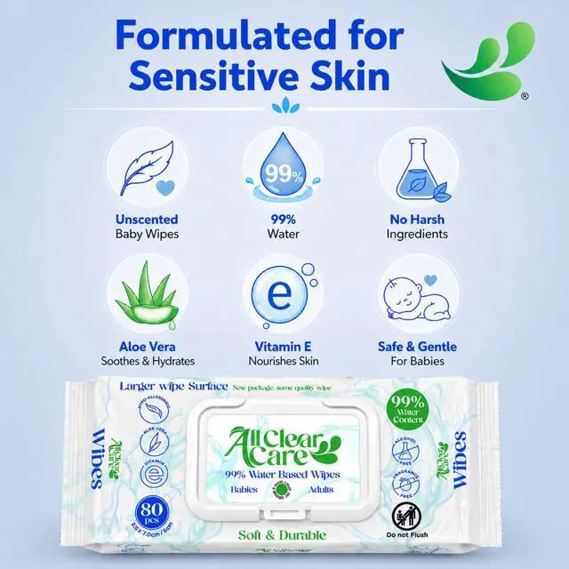 Alt view image 3 of 7 - Baby Wipes, Unscented for Sensitive Skin, Large Soft Durable & 99% Water Based, Gentle & Hypoallergenic for Babies & Adults, Vitamin E and Aloe, Flip Top Lid, 3 Pack (240 Wipes)