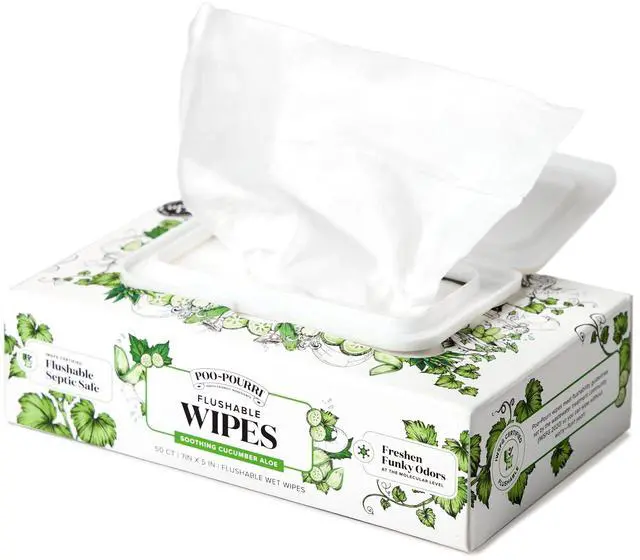 Main image of Flushable Wipes - Made with Plant Based Fibers, Aloe, Vitamin E, Chamomile, and Oat Extract - Adult Wet Wipes - Cucumber & Aloe Essential Oil - 50 count Dispenser Box - Sewer & Septic Safe