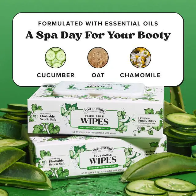 Alt view image 3 of 7 - Flushable Wipes - Made with Plant Based Fibers, Aloe, Vitamin E, Chamomile, and Oat Extract - Adult Wet Wipes - Cucumber & Aloe Essential Oil - 50 count Dispenser Box - Sewer & Septic Safe